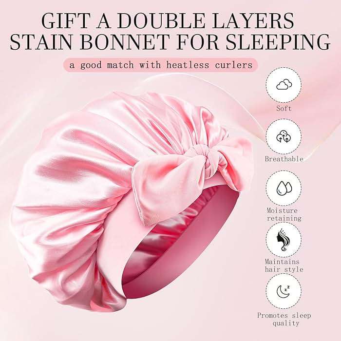 Hroevc No Heat Overnight Curls with Double Layer Satin Bonnet - Soft Hair Curlers to Sleep In, heatless Curling Rods Set + Silk Bonnet for Women & Girls Long Hair, Heatless Waves & Volume (Pink) - Image 2