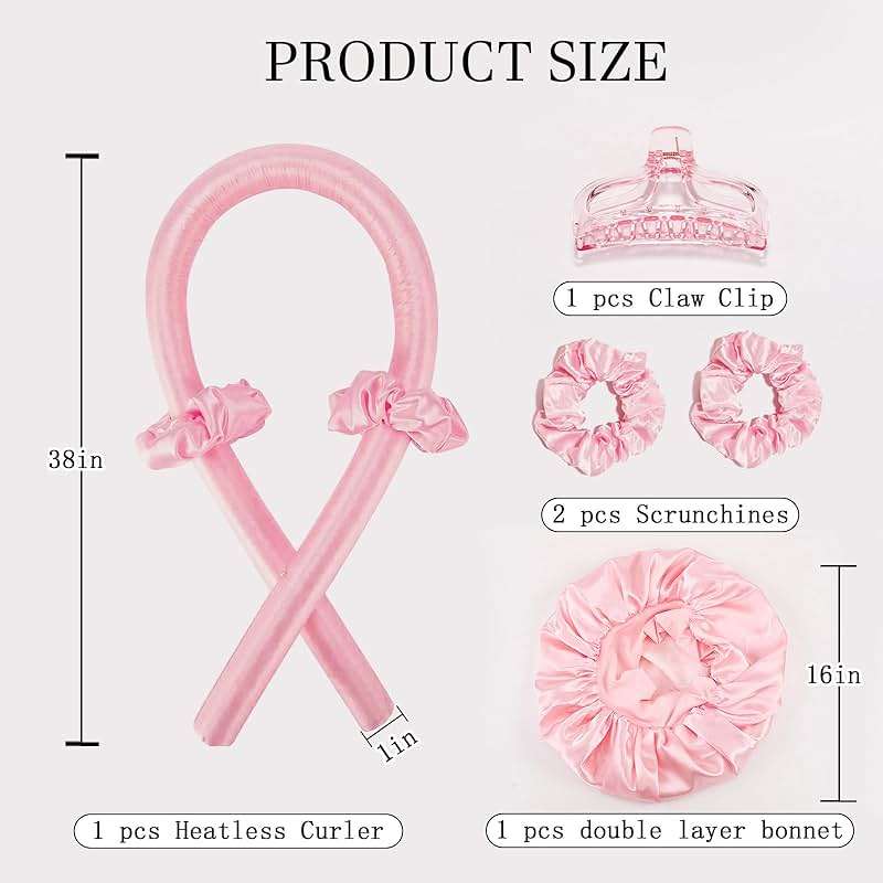 Hroevc No Heat Overnight Curls with Double Layer Satin Bonnet - Soft Hair Curlers to Sleep In, heatless Curling Rods Set + Silk Bonnet for Women & Girls Long Hair, Heatless Waves & Volume (Pink) - Image 3