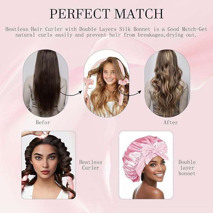 Hroevc No Heat Overnight Curls with Double Layer Satin Bonnet - Soft Hair Curlers to Sleep In, heatless Curling Rods Set + Silk Bonnet for Women & Girls Long Hair, Heatless Waves & Volume (Pink) - Image 4