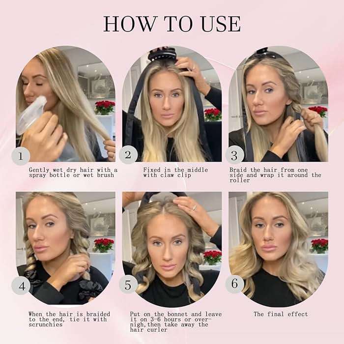Hroevc No Heat Overnight Curls with Double Layer Satin Bonnet - Soft Hair Curlers to Sleep In, heatless Curling Rods Set + Silk Bonnet for Women & Girls Long Hair, Heatless Waves & Volume (Pink) - Image 5