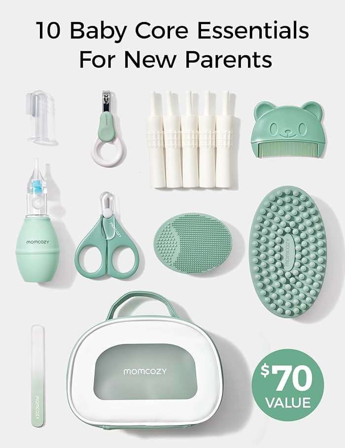 Momcozy Core Baby Kit, Baby Shower & Registry Essential Kit for Grooming&Health&Cleansing Care, Includes Nail File Kits, Nasal Aspirator, Gas Relief Tubes, Bath Brushes, Toothbrush, Comb, Storage Case - Image 2