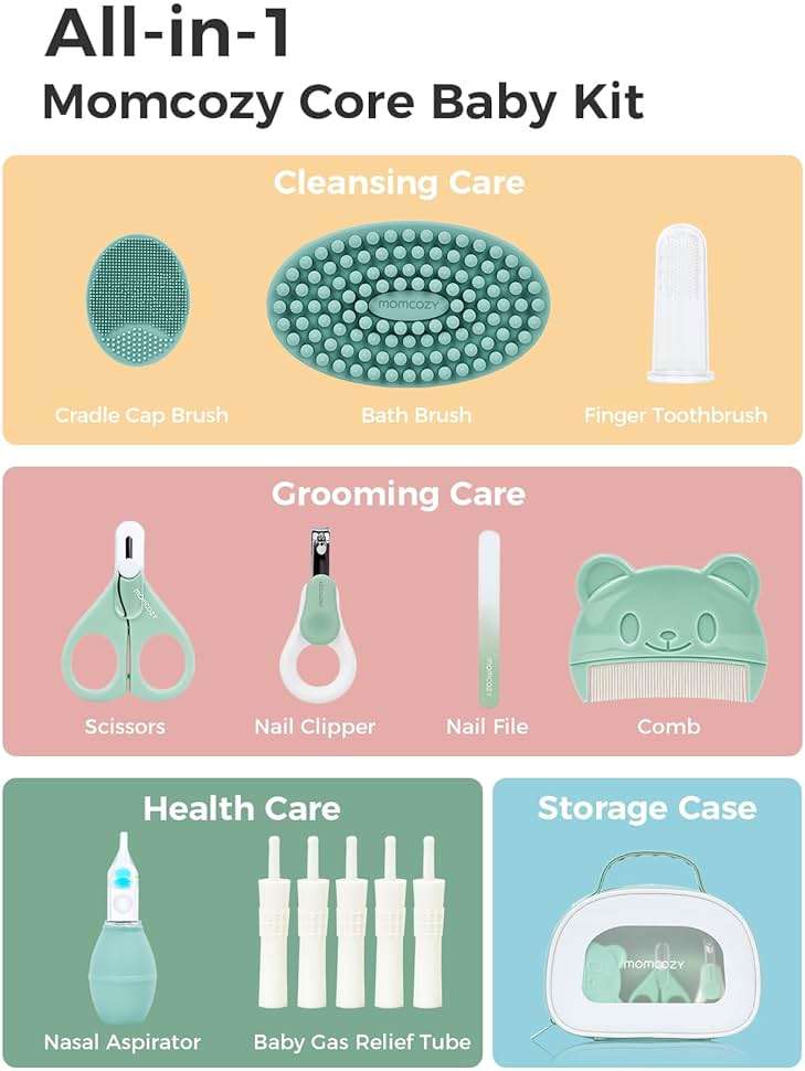 Momcozy Core Baby Kit, Baby Shower & Registry Essential Kit for Grooming&Health&Cleansing Care, Includes Nail File Kits, Nasal Aspirator, Gas Relief Tubes, Bath Brushes, Toothbrush, Comb, Storage Case - Image 3