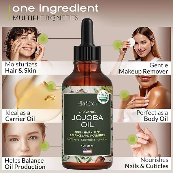 Ella & Eden Organic Jojoba Oil – USDA Certified, Cold-Pressed, 100% Pure & Unrefined, Hexane-Free Oil for Face, Skin, Hair & Nails – 4 Fl Oz Glass Bottle - Image 3