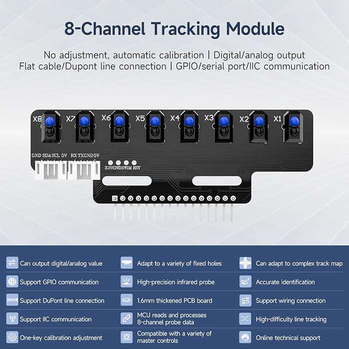 Yahboom 8-Channel Line Patrol Module Sensor 10 Pin,GPIO/IIC/USART,Suitable for RaspberryPi/STM32/UNO/Electronic Projects (8-Channel Module+PH2.0+Dupont Line+Copper Column) - Image 3