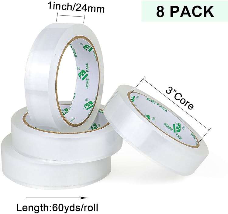 BOMEI PACK 8Rolls Clear Tape Refills for Dispenser, 1 inch x 60yds, Transparent Gift Wrap Tape 3inch Core for Home, Office - Image 2