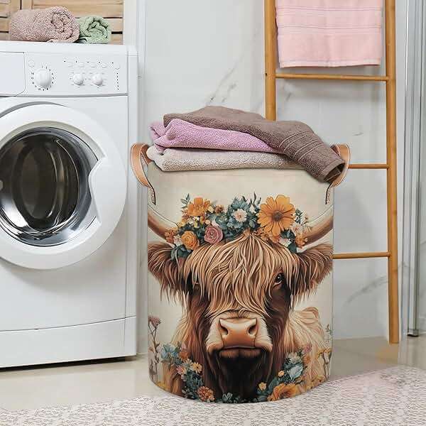 Gumuslen Highland Cow Laundry Basket Vintage Cattle Sunflower Large Laundry Hamper Collapsible Organizer Basket Clothes Bin Storage Boxs for Bedroom Bathroom Dorm - Image 2