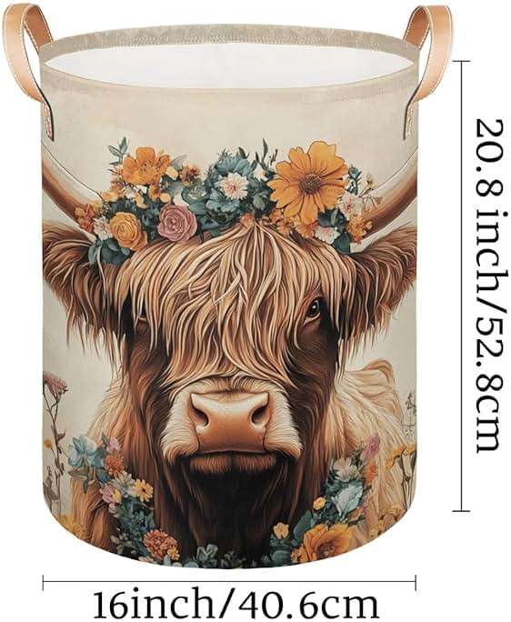 Gumuslen Highland Cow Laundry Basket Vintage Cattle Sunflower Large Laundry Hamper Collapsible Organizer Basket Clothes Bin Storage Boxs for Bedroom Bathroom Dorm - Image 3