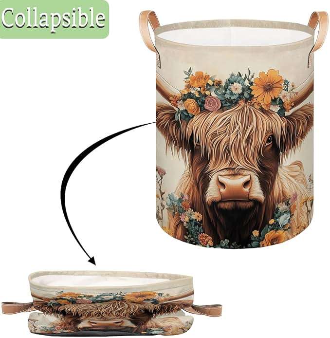 Gumuslen Highland Cow Laundry Basket Vintage Cattle Sunflower Large Laundry Hamper Collapsible Organizer Basket Clothes Bin Storage Boxs for Bedroom Bathroom Dorm - Image 4