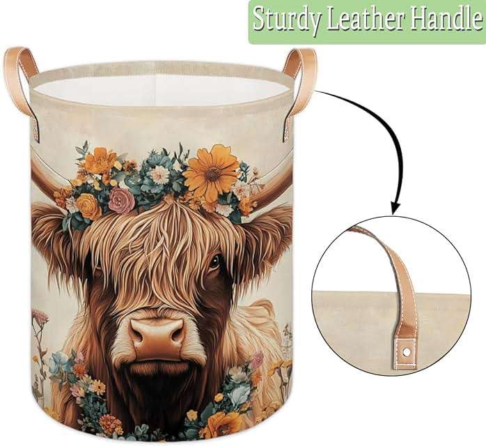 Gumuslen Highland Cow Laundry Basket Vintage Cattle Sunflower Large Laundry Hamper Collapsible Organizer Basket Clothes Bin Storage Boxs for Bedroom Bathroom Dorm - Image 5