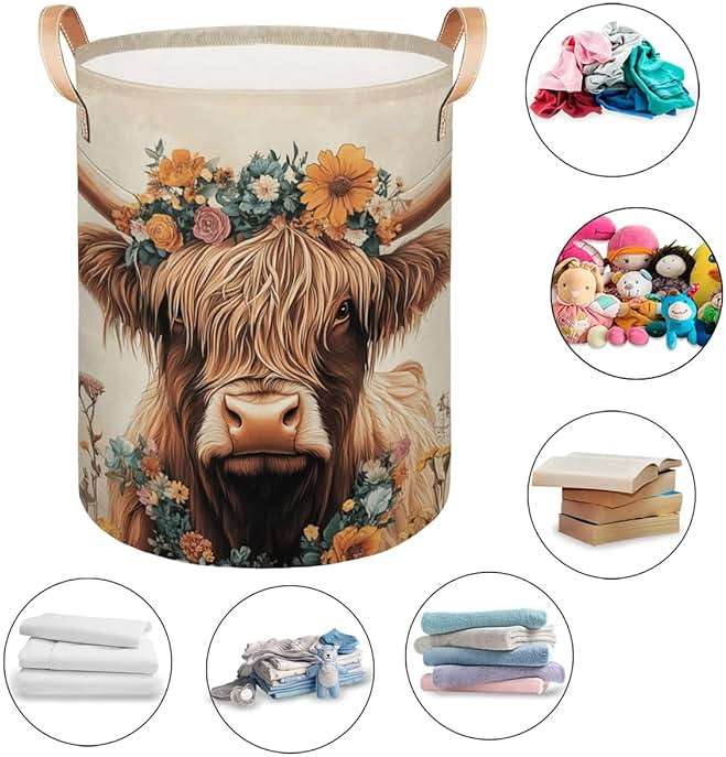 Gumuslen Highland Cow Laundry Basket Vintage Cattle Sunflower Large Laundry Hamper Collapsible Organizer Basket Clothes Bin Storage Boxs for Bedroom Bathroom Dorm - Image 6