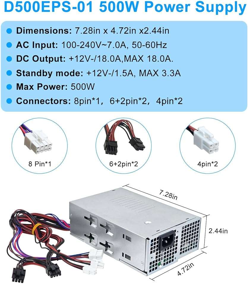 Upgraded D500EPS-01 500W Power Supply L500EPS-01 VFFKJ Compatible with Dell XPS 8950 Vostro 3901 3910 Inspiron 3910 D12 Latitude D500 Optiplex 7000MT HU500EPS-00 HU500EPS-01 DPS-500AB-58A Power Supply - Image 5
