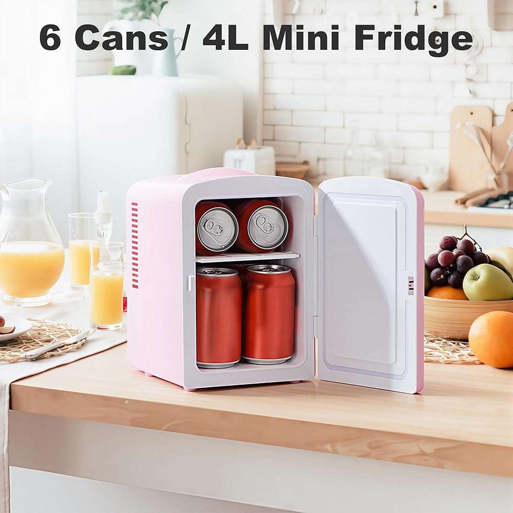 Iceblue Mini Fridge, Retro 4 Liter /6 Cans Mini Skincare Fridge, AC Plug & 12V Car Charger Mini Makeup Fridge, Compact & Portable 4A Cooling Tiny Fridge for Bedroom, Car, Office, Dorm, Gift - Pink - Image 4