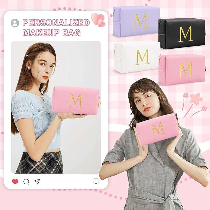 Personalized Gift Initial Makeup Bag,Preppy Gold Embroidered Letter Cosmetic Bag Stocking Stuffers for Teen Girls,Small Travel Toiletry Bag,Custom Christmas Birthday Gift for Women Mom Kids(Pink-M) - Image 4