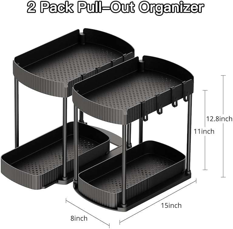 Ukeetap Multi-Purpose Pull-Out Storage Organizers, Under Sink/Cabinet Organizers and Storage for Bathroom & Kitchen, Black, 12.8 Inches, 2 Packs - Image 2