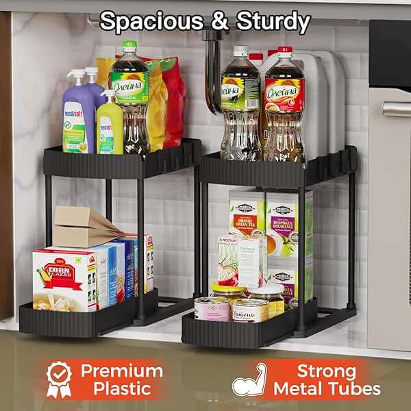Ukeetap Multi-Purpose Pull-Out Storage Organizers, Under Sink/Cabinet Organizers and Storage for Bathroom & Kitchen, Black, 12.8 Inches, 2 Packs - Image 3