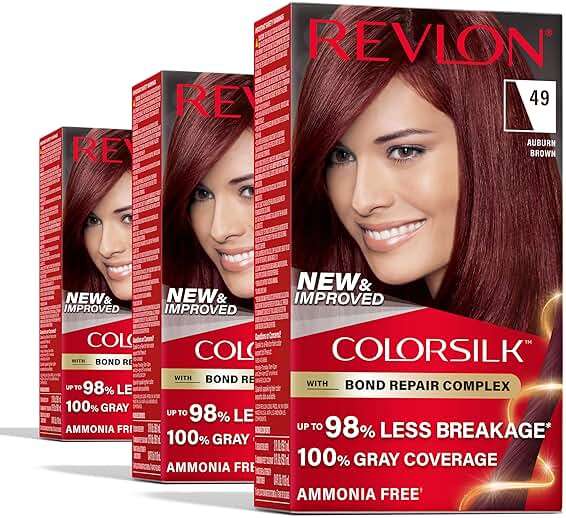 Revlon ColorSilk with Bond Repair Complex, Auburn Permanent Hair Color, 100% Gray Coverage, Ammonia Free Hair Dye, Vegan Keratin, 49 Auburn Brown (Pack of 3) - Image 1