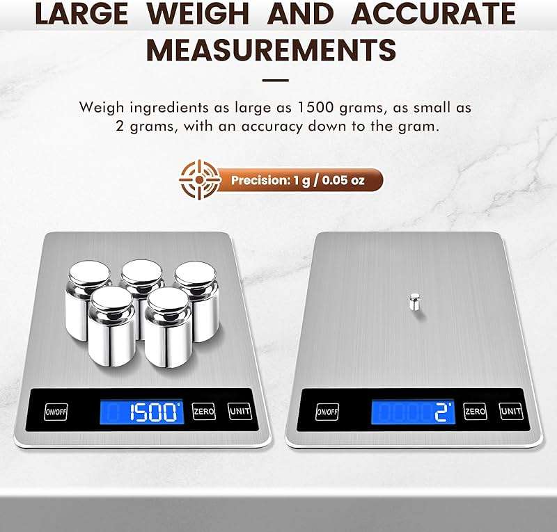 33lb Food Scale, Digital Kitchen Scale Batteries and USB Charging,1g/0.05oz Precise Graduation, Waterproof Stainless Steel with LCD Display Weight Grams and oz for Cooking Baking (Stainless Steel) - Image 6