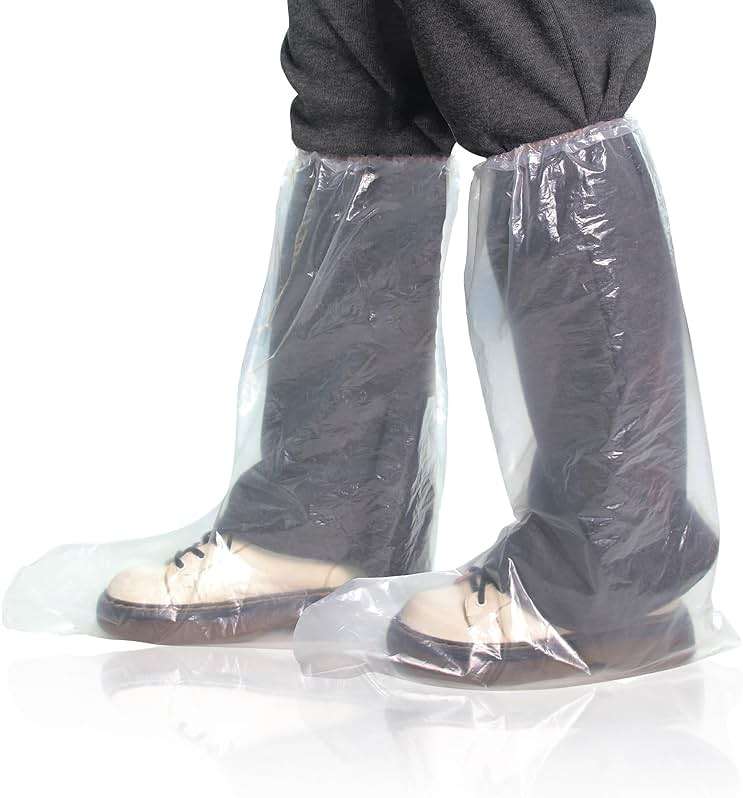 Disposable Plastic Boot and Shoe Covers 100 Pack (50 Pairs) Anti-Slip Waterproof Durable Reusable Cover Plastic Long Rain Shoe Cover (Transparent) - Image 1