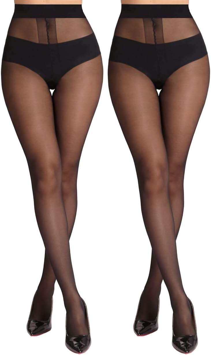MERYLURE 20D Sheer Black Tights for Women, T-Crotch Ultra Thin Pantyhose High Waist Stockings Reinforced Toes 2 Pairs - Image 2
