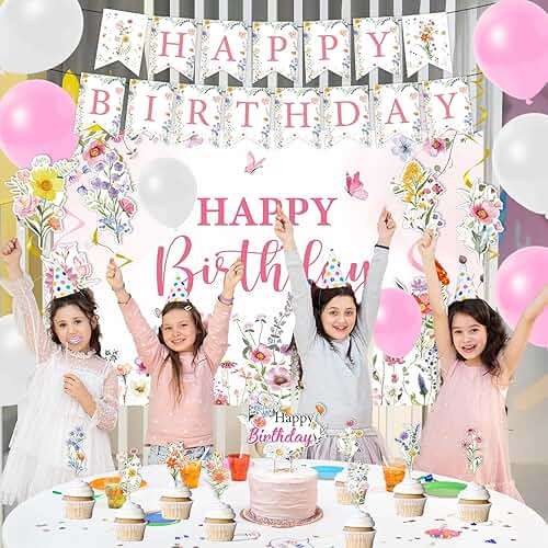 Rngmsi Flower Birthday Decorations Set - 42PCS Wildflower Floral Birthday Decor Party Supplies for Girls Women Happy Birthday Banners Balloons Backdrop Hanging Swirls Cake Topper Cupcake Toppers - Image 3