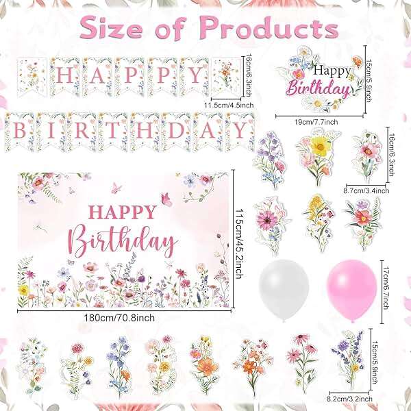 Rngmsi Flower Birthday Decorations Set - 42PCS Wildflower Floral Birthday Decor Party Supplies for Girls Women Happy Birthday Banners Balloons Backdrop Hanging Swirls Cake Topper Cupcake Toppers - Image 4