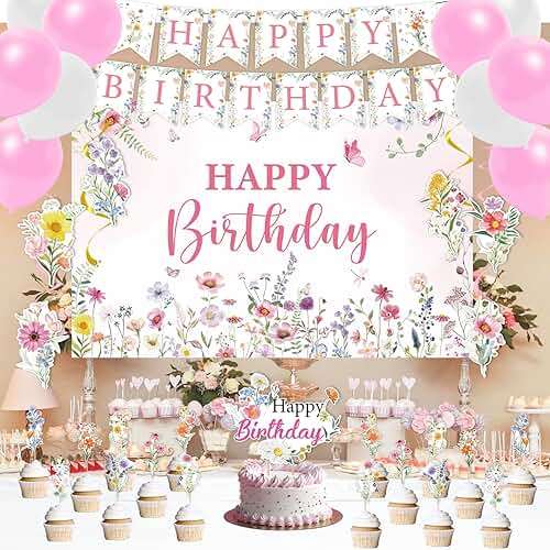 Rngmsi Flower Birthday Decorations Set - 42PCS Wildflower Floral Birthday Decor Party Supplies for Girls Women Happy Birthday Banners Balloons Backdrop Hanging Swirls Cake Topper Cupcake Toppers - Image 7
