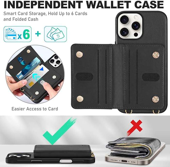 TUCCH Crossbody Wallet Case for iPhone 16 Pro Max (6.9"), RFID Blocking [6 Card Slots][Detachable Adjustable Lanyard], Magnetic Wallet PU Leather Shockproof Phone Cover for iPhone 16 Pro Max, Black - Image 4