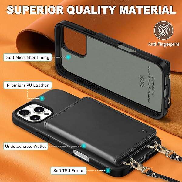 TUCCH Crossbody Wallet Case for iPhone 16 Pro Max (6.9"), RFID Blocking [6 Card Slots][Detachable Adjustable Lanyard], Magnetic Wallet PU Leather Shockproof Phone Cover for iPhone 16 Pro Max, Black - Image 7