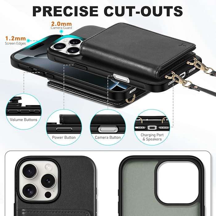 TUCCH Crossbody Wallet Case for iPhone 16 Pro Max (6.9"), RFID Blocking [6 Card Slots][Detachable Adjustable Lanyard], Magnetic Wallet PU Leather Shockproof Phone Cover for iPhone 16 Pro Max, Black - Image 8