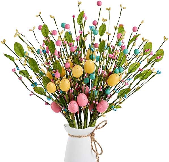 zjlmit Artificial Easter Flowers 12 pcs Easter Stems 16 Inch Spring Picks and Sprays with Colorful Eggs and Berries and Greenery for Spring and Summer Home Table Decorations and Celebrations - Image 1