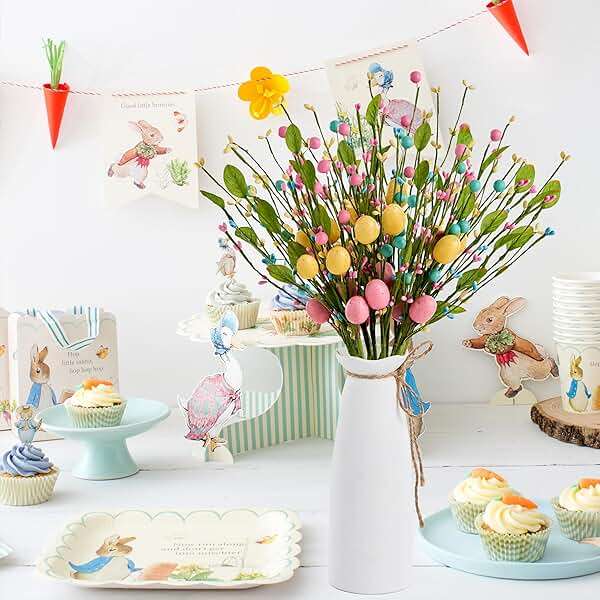 zjlmit Artificial Easter Flowers 12 pcs Easter Stems 16 Inch Spring Picks and Sprays with Colorful Eggs and Berries and Greenery for Spring and Summer Home Table Decorations and Celebrations - Image 2