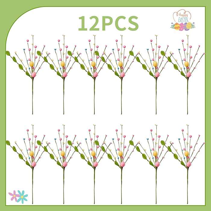 zjlmit Artificial Easter Flowers 12 pcs Easter Stems 16 Inch Spring Picks and Sprays with Colorful Eggs and Berries and Greenery for Spring and Summer Home Table Decorations and Celebrations - Image 3