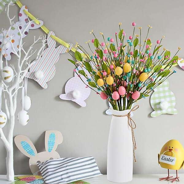 zjlmit Artificial Easter Flowers 12 pcs Easter Stems 16 Inch Spring Picks and Sprays with Colorful Eggs and Berries and Greenery for Spring and Summer Home Table Decorations and Celebrations - Image 6