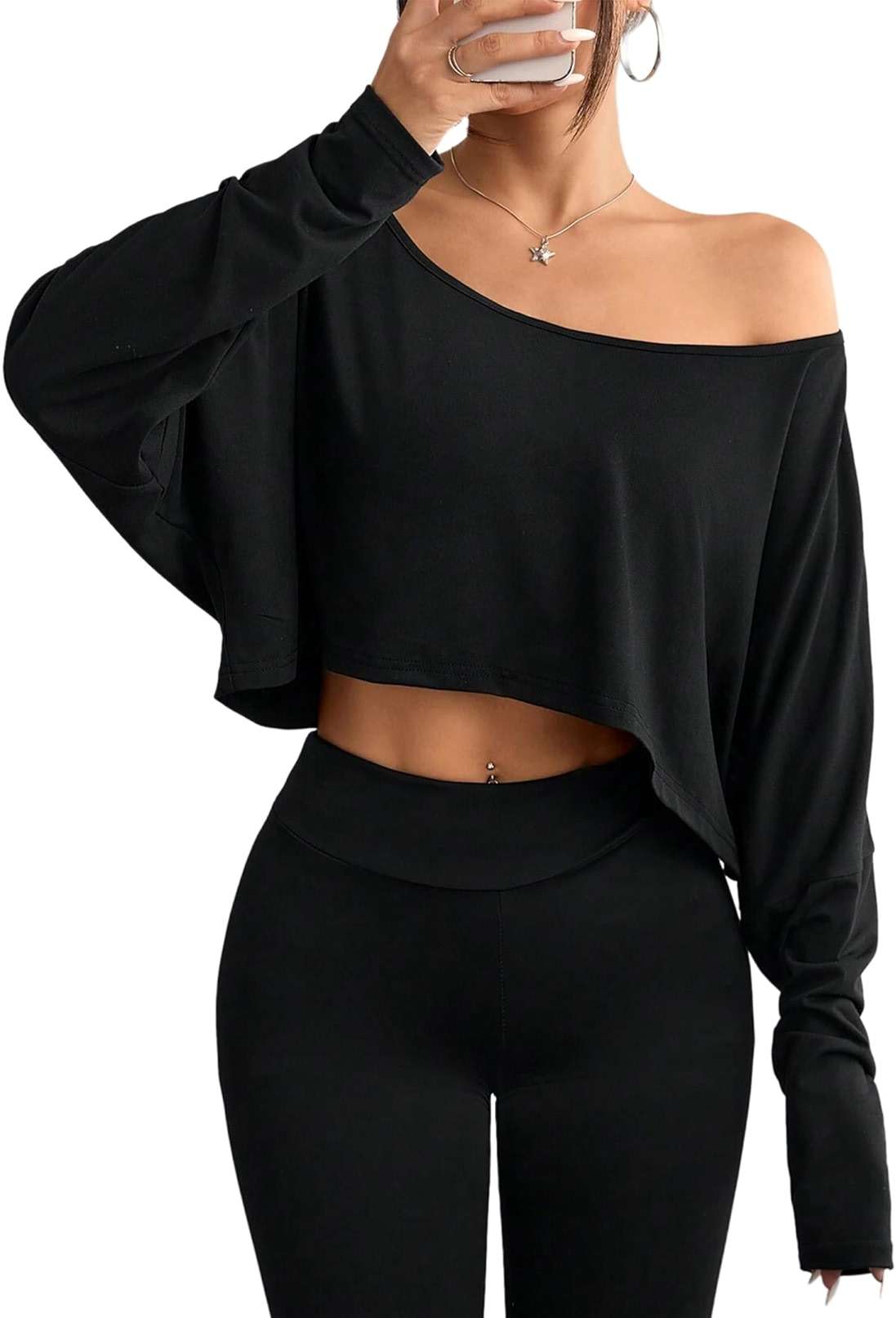 Hilinker Womens Off Shoulder Long Sleeve Crop Tops Sexy Boat Neck Loose Casual T Shirt - Image 1