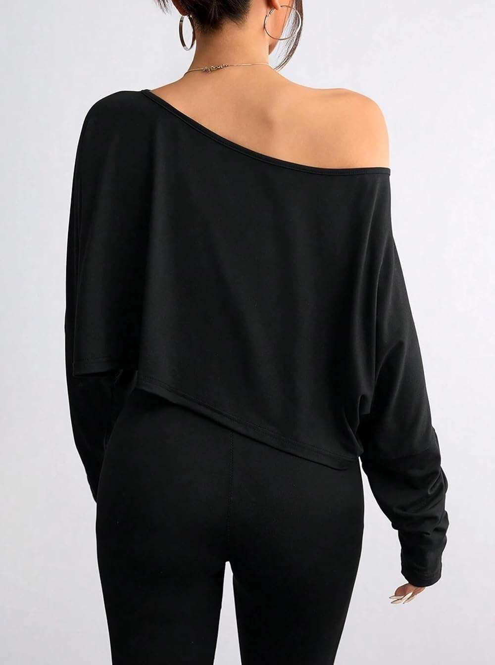 Hilinker Womens Off Shoulder Long Sleeve Crop Tops Sexy Boat Neck Loose Casual T Shirt - Image 2