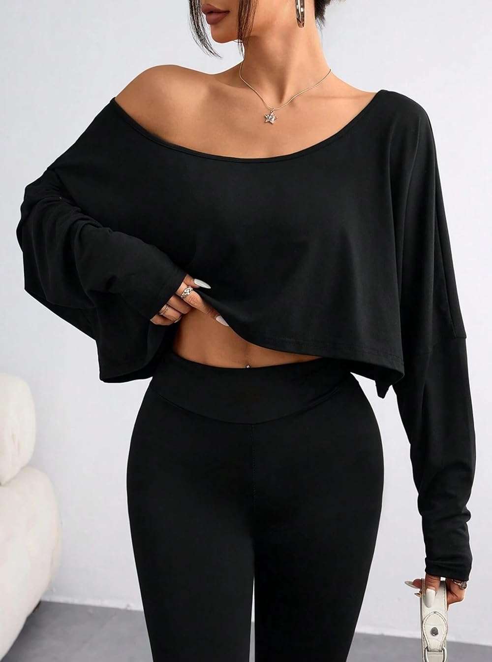 Hilinker Womens Off Shoulder Long Sleeve Crop Tops Sexy Boat Neck Loose Casual T Shirt - Image 3