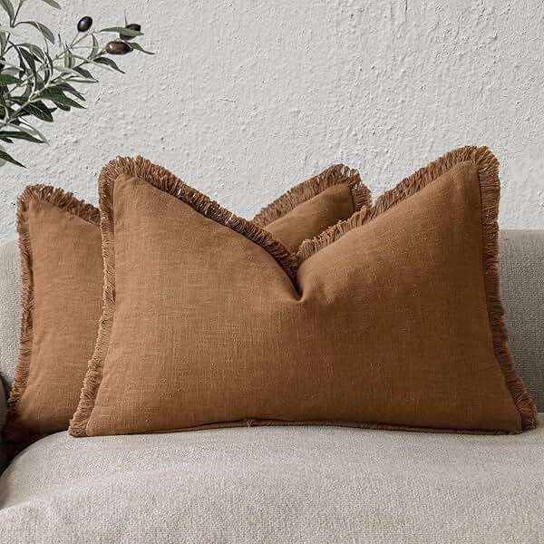 Foindtower Set of 2 Decorative Linen Fringe Throw Pillow Covers Cozy Farmhouse Cushion Cover with Tassels Lumbar Accent Pillowcase for Couch Bed Living Room Home Bedroom Decor, 12×24 Inch,Orange Brown - Image 1