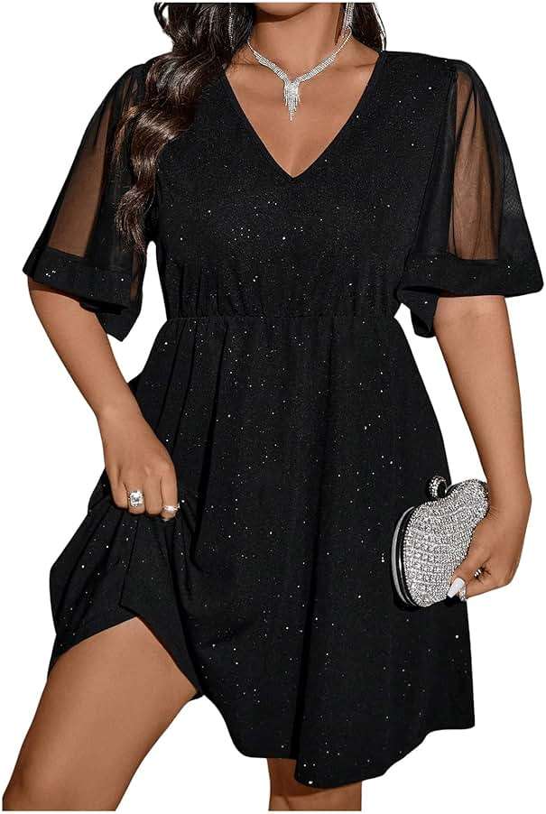 Floerns Women's Plus Size Contrast Mesh Half Flounce Sleeve V Neck Glitter Flared Hem A Line Dress - Image 1