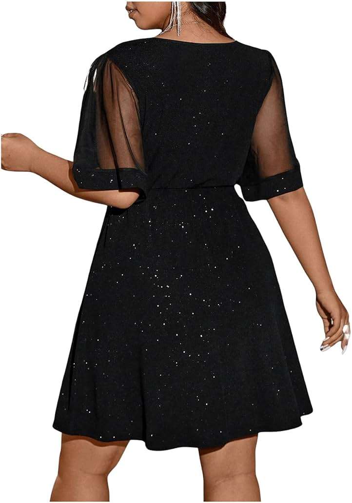 Floerns Women's Plus Size Contrast Mesh Half Flounce Sleeve V Neck Glitter Flared Hem A Line Dress - Image 2