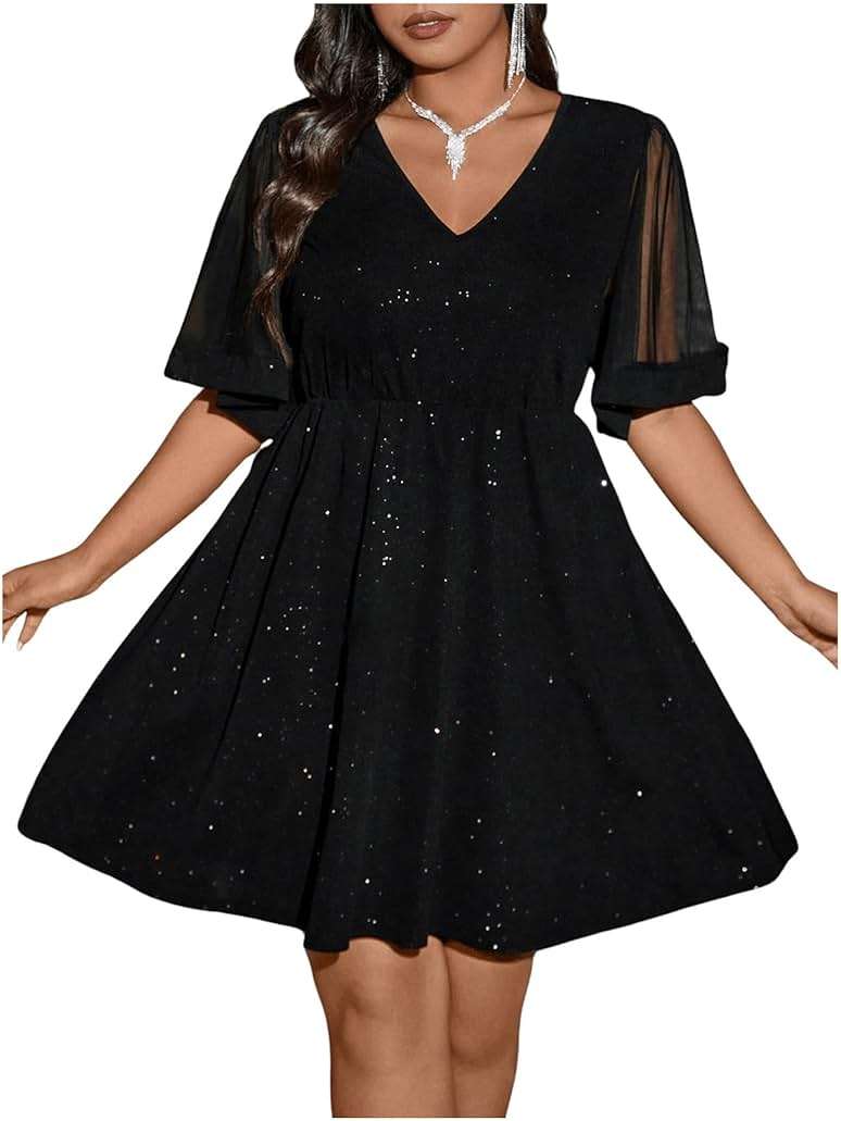 Floerns Women's Plus Size Contrast Mesh Half Flounce Sleeve V Neck Glitter Flared Hem A Line Dress - Image 3