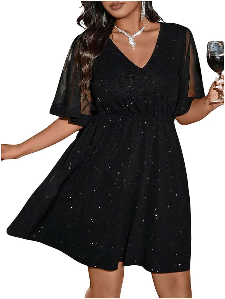 Floerns Women's Plus Size Contrast Mesh Half Flounce Sleeve V Neck Glitter Flared Hem A Line Dress - Image 4
