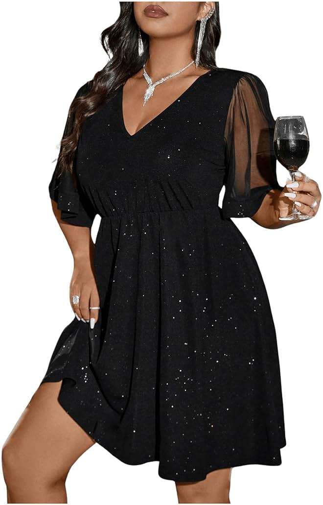 Floerns Women's Plus Size Contrast Mesh Half Flounce Sleeve V Neck Glitter Flared Hem A Line Dress - Image 5