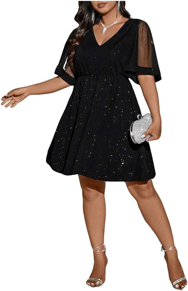 Floerns Women's Plus Size Contrast Mesh Half Flounce Sleeve V Neck Glitter Flared Hem A Line Dress - Image 6