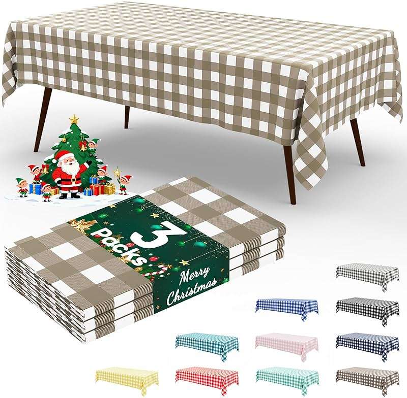 Smiry 3 Pack Khaki Gingham Disposable Tablecloths - 54" x 108" Heavy Duty Plastic Table Cloth, Waterproof Buffalo Plaid Table Covers for Picnic, Banquets, Outdoor Parties - Image 1
