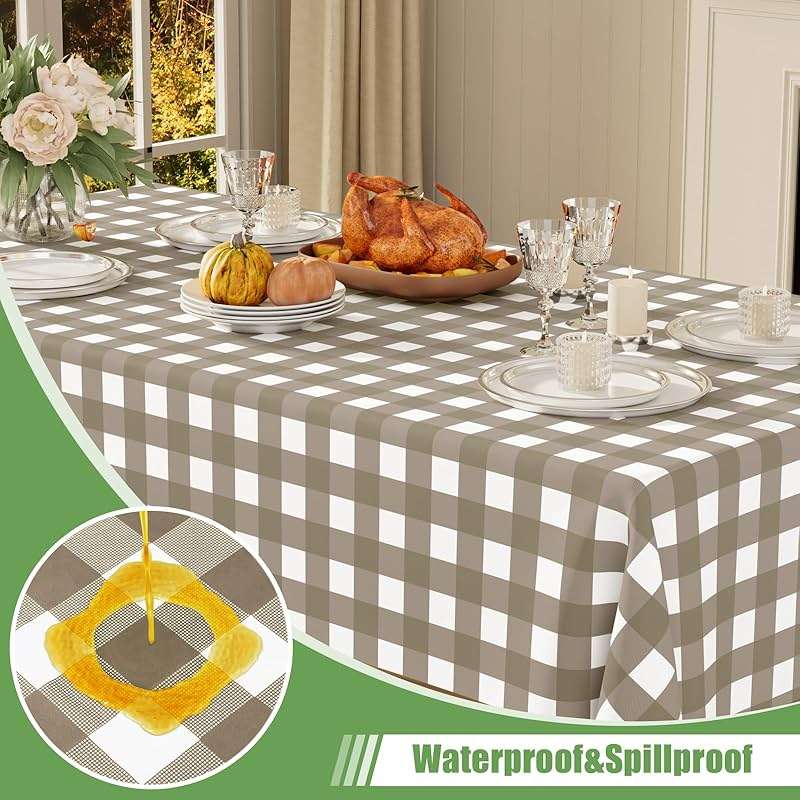 Smiry 3 Pack Khaki Gingham Disposable Tablecloths - 54" x 108" Heavy Duty Plastic Table Cloth, Waterproof Buffalo Plaid Table Covers for Picnic, Banquets, Outdoor Parties - Image 3