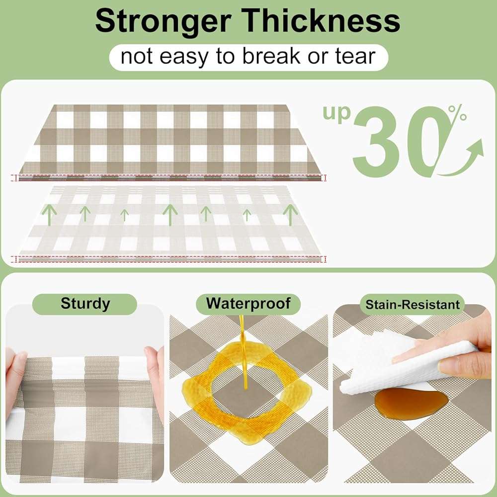 Smiry 3 Pack Khaki Gingham Disposable Tablecloths - 54" x 108" Heavy Duty Plastic Table Cloth, Waterproof Buffalo Plaid Table Covers for Picnic, Banquets, Outdoor Parties - Image 4