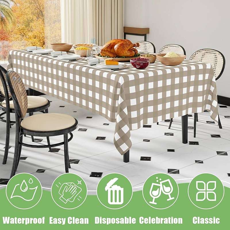 Smiry 3 Pack Khaki Gingham Disposable Tablecloths - 54" x 108" Heavy Duty Plastic Table Cloth, Waterproof Buffalo Plaid Table Covers for Picnic, Banquets, Outdoor Parties - Image 8