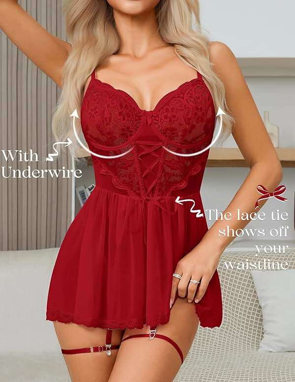 Girece Babydoll Lingerie for Women Lace Underwire Push Up Chemise Nightgown, Mesh Lingerie Dress with Garter Straps Boudoir - Image 3