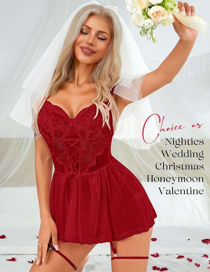 Girece Babydoll Lingerie for Women Lace Underwire Push Up Chemise Nightgown, Mesh Lingerie Dress with Garter Straps Boudoir - Image 6