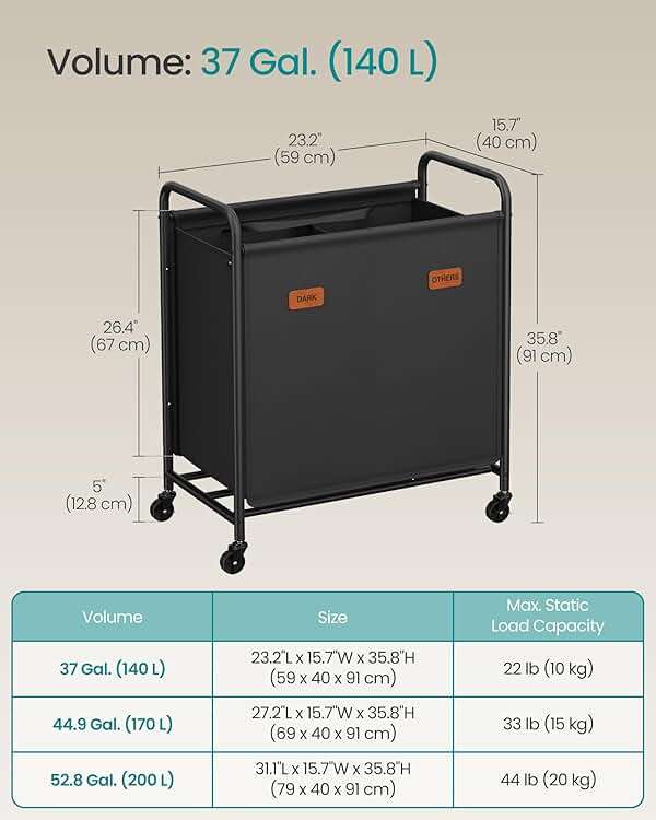 SONGMICS 2-Section Laundry Sorter, Laundry Hamper with Wheels, Rolling Clothes Hamper Cart with Large Capacity and Removable Bags, for Laundry Room, Bedroom, Bathroom, Ink Black URLS210B01 - Image 2